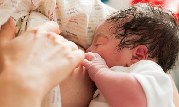 newborn baby getting colostrum milk from mother